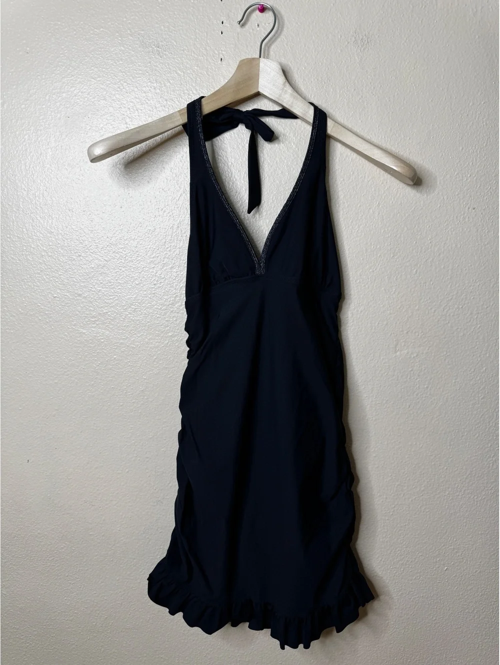 ASSETS by Sara Blakely SPANX Black Ruched Halter Swimdress Ruffle Hem Size M